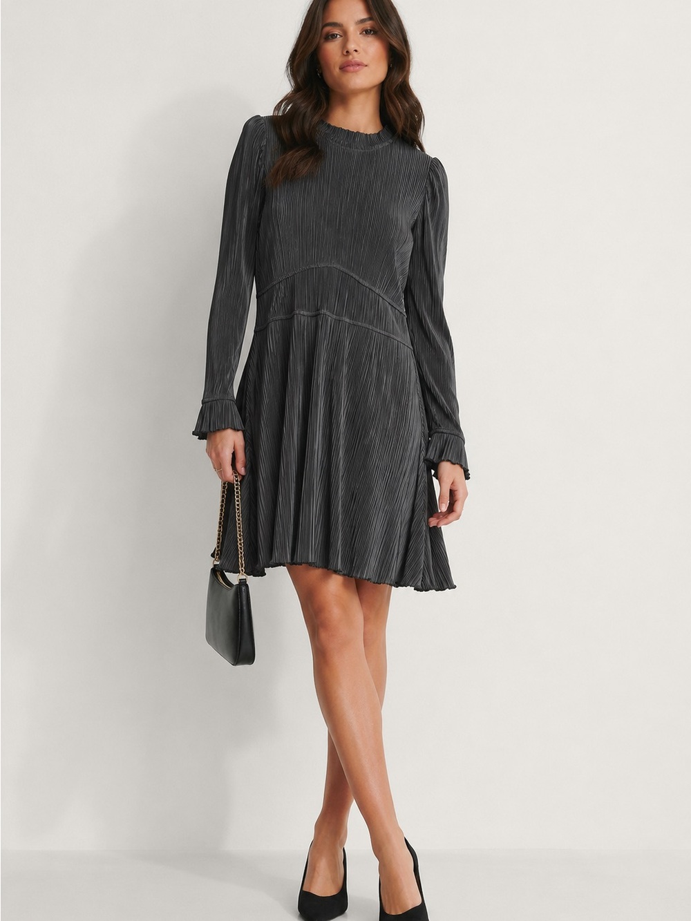 Zara dark brown  Pleated Long-Sleeve Mini Dress
